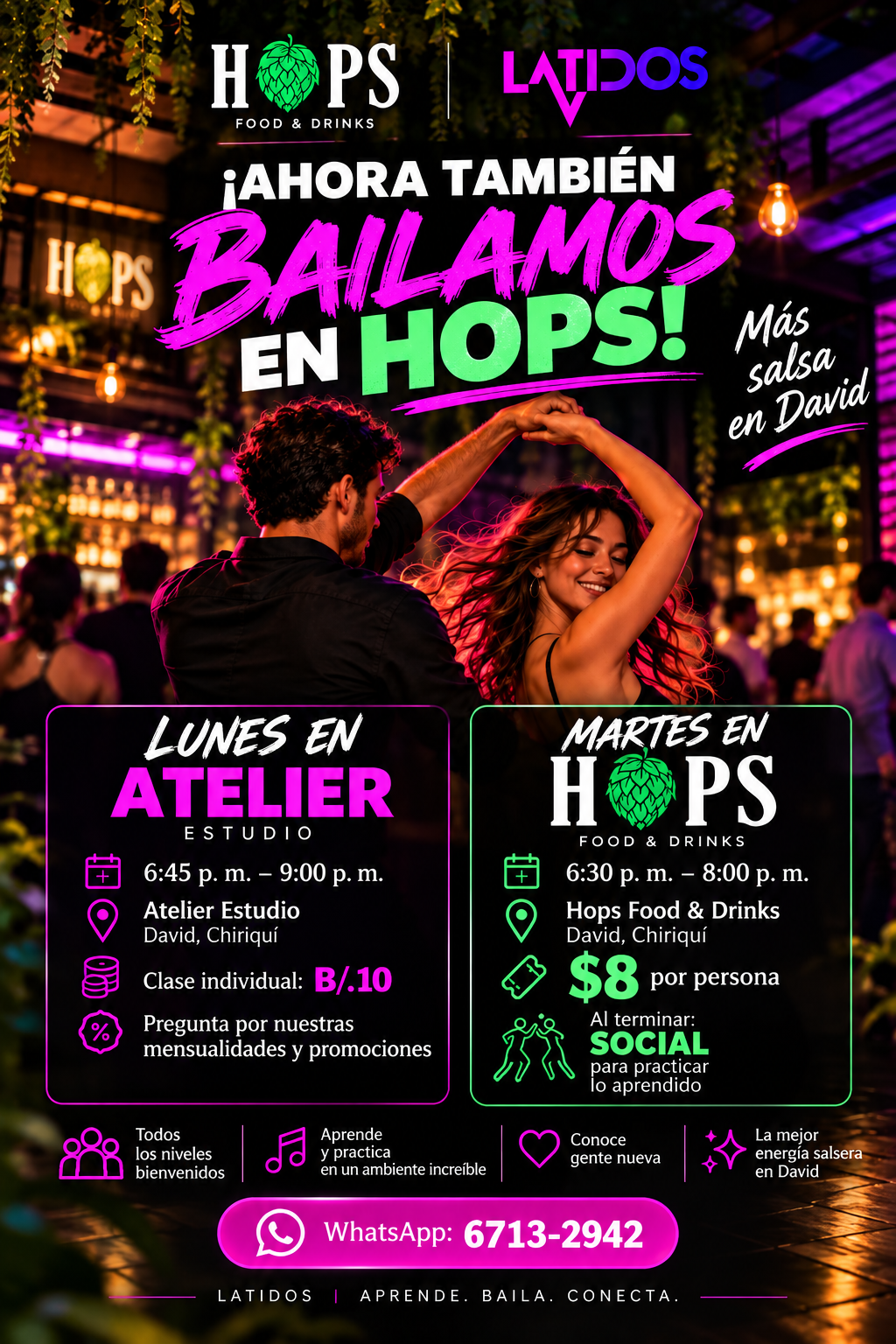 Afiche LATIDOS: clases los lunes en Atelier y los martes en Hops